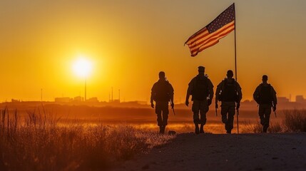 Silhouetted Soldiers Walking Towards Sunset with American Flag