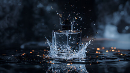Perfume bottle and water splash on dark background Close-up photo with clean background.
