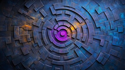 Abstract colorful spiral design with textured layers in deep blue, purple, and orange hues.