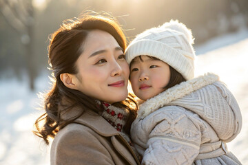 Obraz premium Mother and son enjoying playing in fresh snow during wintertime and sharing a hug