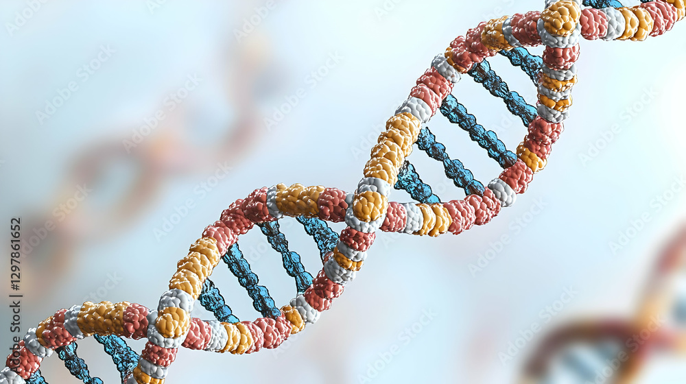 Aufkleber detailed 3d rendering of a colorful dna double helix on a soft blue background