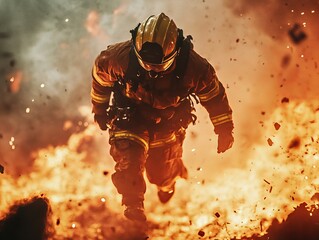 Brave Firefighter Running Through Intense Blaze Emergency Response Heroism