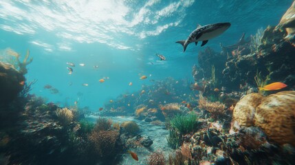 Fototapeta premium Playful Wildlife Interactions in Vibrant Coral Reef