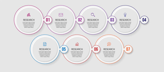 Business Infographic Template Design. Timeline with seven marketing steps, options and icons. Vector linear infographic with eleven connected elements. Can be used for presentations in your business.