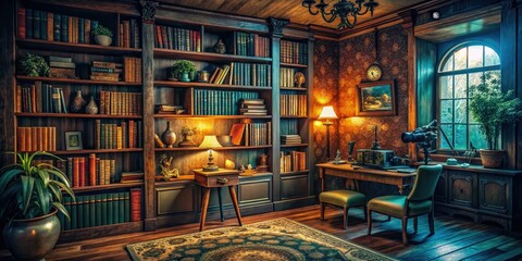 Surreal photography reveals a hidden camera's gaze, nestled within a home office bookshelf.