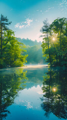 Obraz premium Early Morning Tranquility: Misty Forest Lake with Reflections and Golden Sunlight