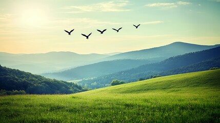 Obraz premium Five Birds Flying Over Lush Green Hills at Sunrise
