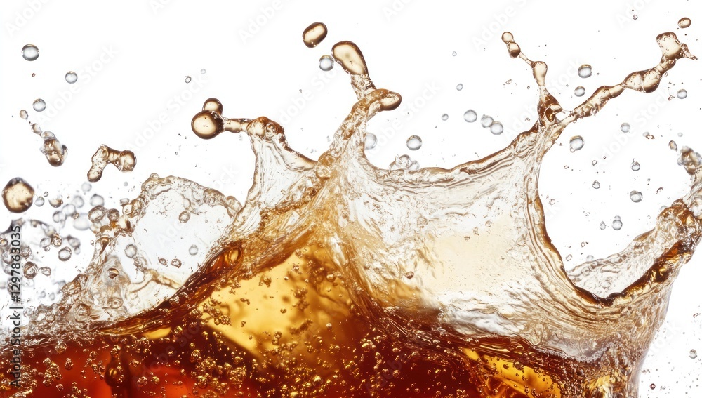 Poster close-up of a cola splash with ice cubes.