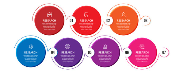 Business Infographic Template Design. Timeline with seven marketing steps, options and icons. Vector linear infographic with eleven connected elements. Can be used for presentations in your business.