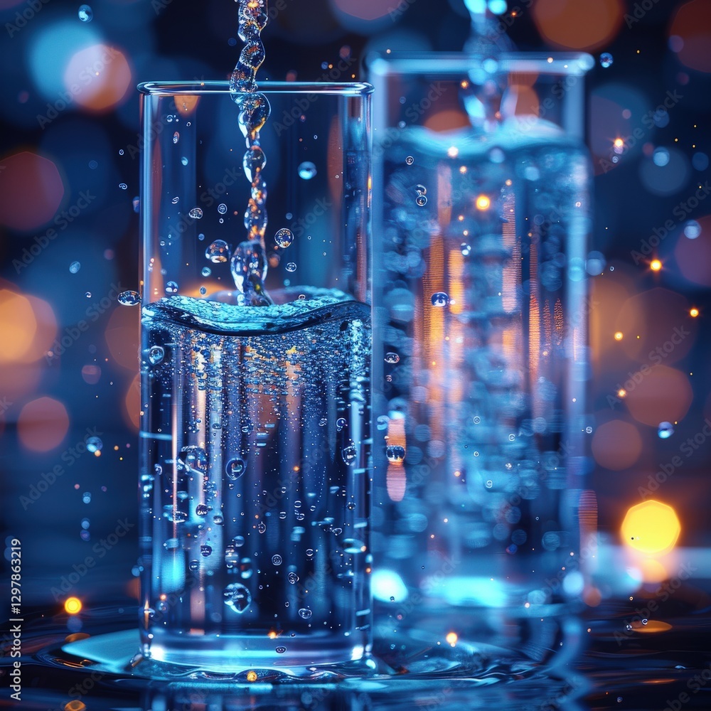 Poster sparkling water pouring into glasses, close-up shot with bokeh background. perfect for refreshing dr