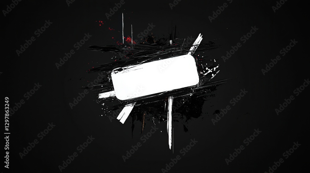 Poster abstract art white rectangular shape amidst splatters on a dark background