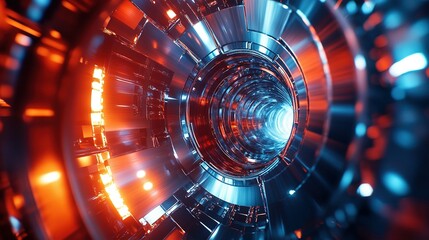 Fototapeta premium A futuristic circular tunnel with glowing red and blue lights