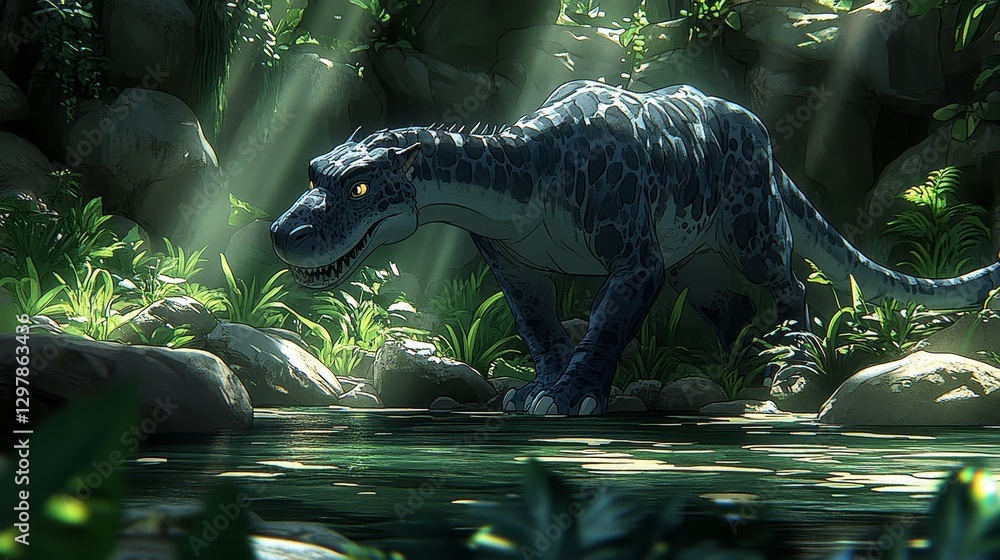 Aufkleber mystical forest creature crossing a stream with sunlight filtering through the trees creates a capti