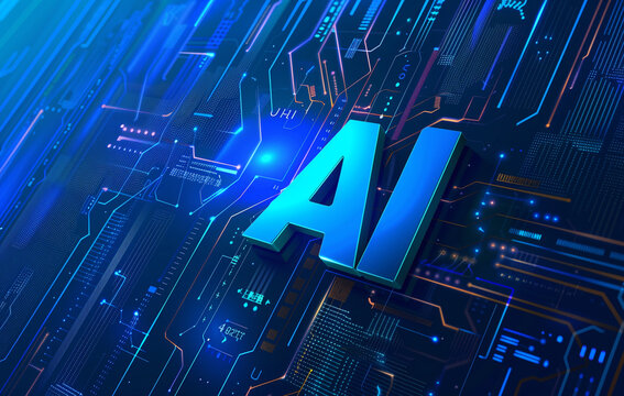 AI letters on a blue circuit board background with digital, glowing lines - Powered by Adobe