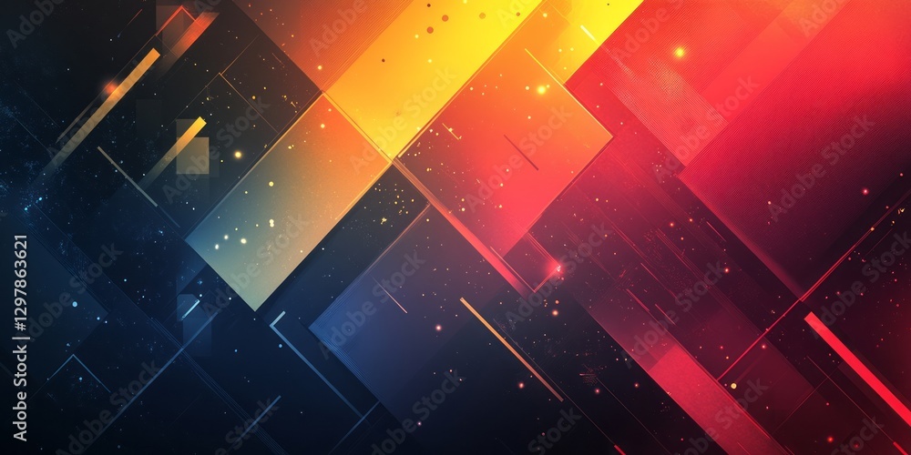 Poster abstract geometric design features colorful shapes and small particles