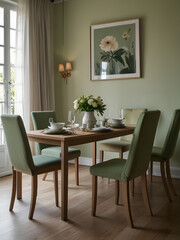 dining table in dining room with green tone, dining room interior 