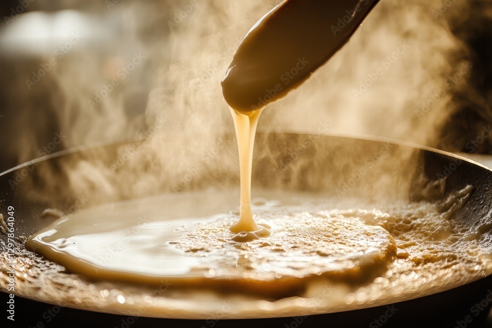 Poster cooking process of a creamy batter in a hot pan, creating a delicious base for various dishes in a k