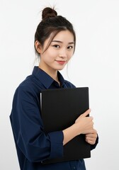 Obraz premium beautiful young woman standing upright confidently holding a black document folder with a smiling face on a white background