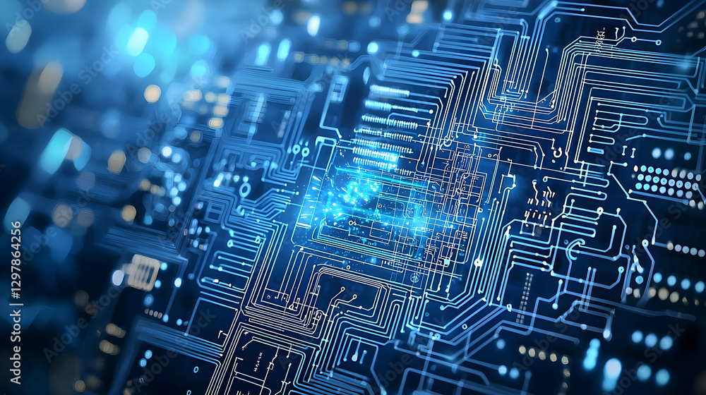 Poster abstract blue circuit board with illuminated microscopic lines and technological network