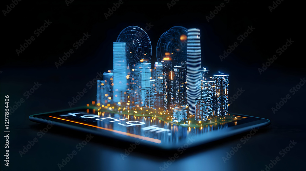 Poster digital cityscape illuminated on a smartphone screen with futuristic technology and glowing lights i