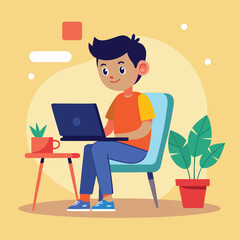 a boy is using his laptop vector