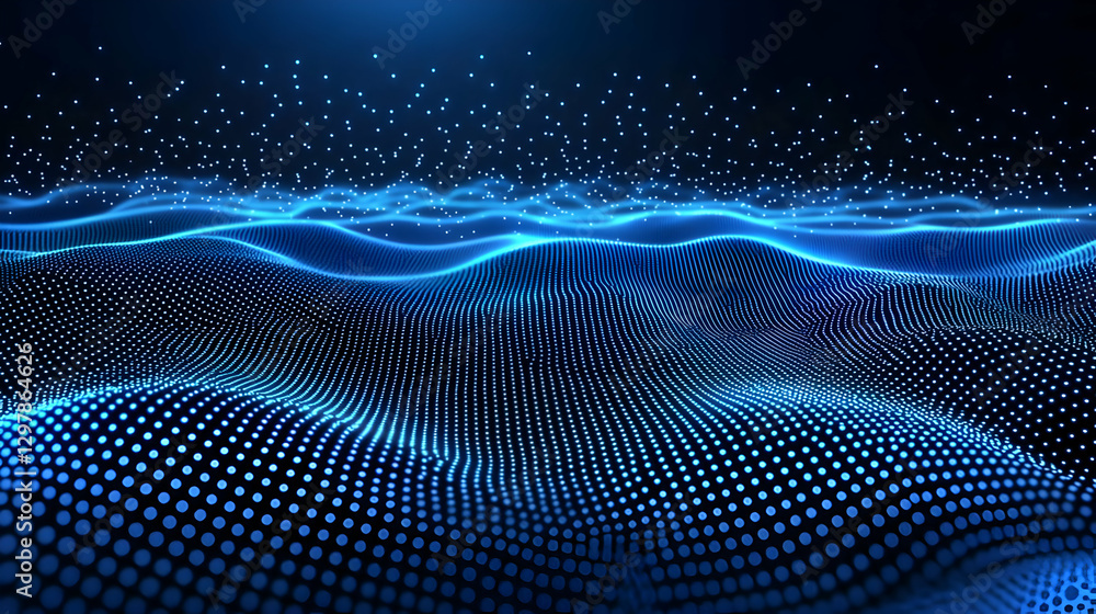 Poster abstract digital blue wave formed by illuminated particles floating on dark background