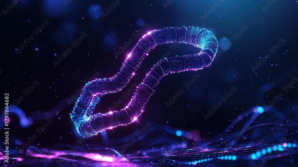 Poster abstract glowing form, floating, digital space with sparkling particles, dark background
