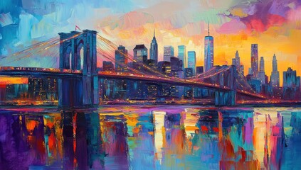 Fototapeta premium Vibrant sunset over Brooklyn Bridge and NYC skyline. (1)
