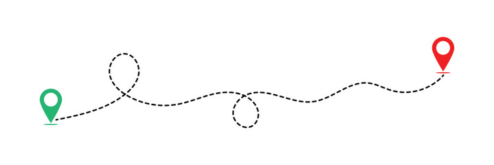Dot line path route travel banner illustration with location map pin icon for destination on white background in ep s10.