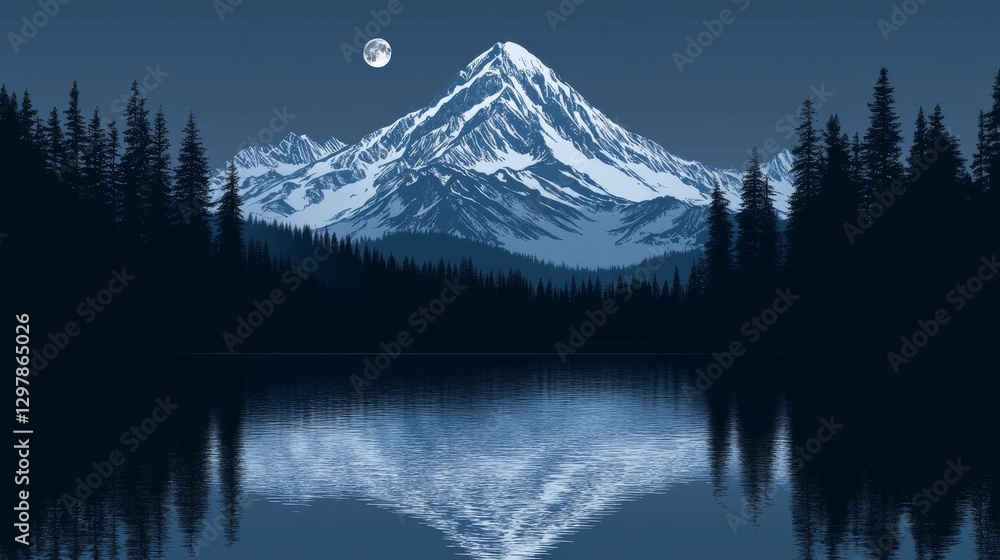 Poster pixelated mountain range reflected in calm lake beneath a moonlit sky adding a unique and artistic f