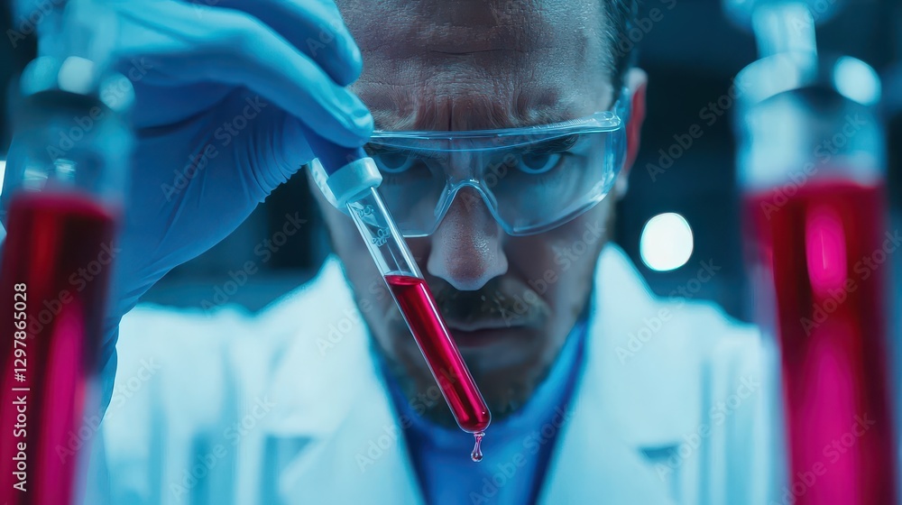 Poster scientist examining test tube with red liquid in laboratory setting under bright lights with focused