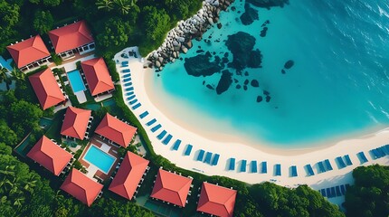 Naklejka premium Luxury tropical beach resort with private villas, swimming pools, and turquoise ocean, aerial view of exotic paradise, relaxing vacation destination, high-end coastal retreat surrounded by nature