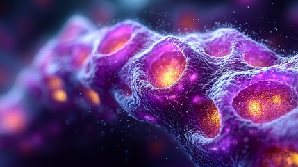Microscopic Cellular Structure Vibrant Purple and Orange Hues Detailed 3D Render