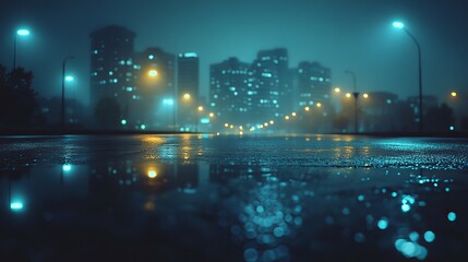 Rainy Night Cityscape with Glowing Lights and Reflections on Wet Asphalt