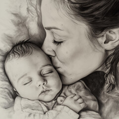 Hand-Drawn Sketch, Detailed Black and White Pencil Drawing of a Mother Kissing Her Newborn, Intimate and Expressive