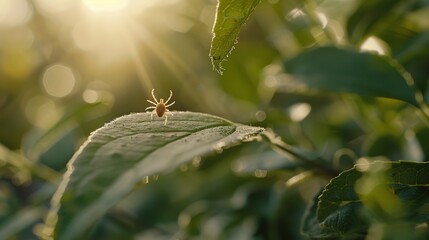 Close-up of a tick on a leaf in a green forest, representing the risk of tick-borne diseases and outdoor health hazards in nature.