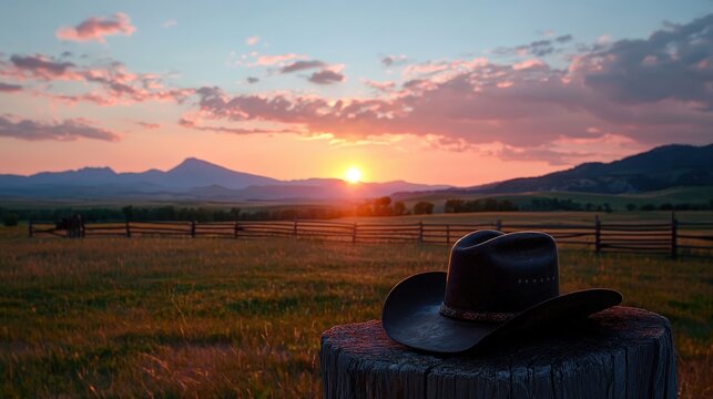 Cowboy hat rests on stump; rural landscape vista, field, mountains, sunset