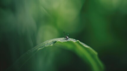 Fototapeta premium Close-up of a tick on a leaf in a green forest, representing the risk of tick-borne diseases and outdoor health hazards in nature.