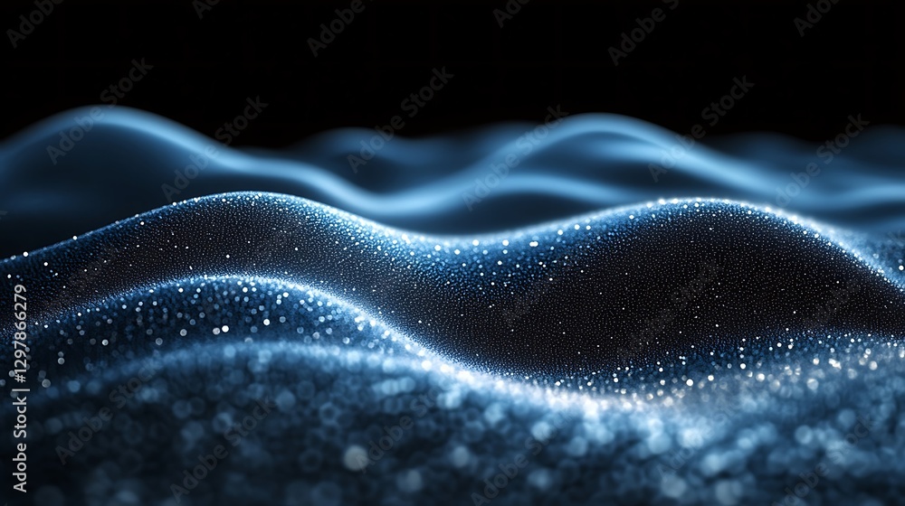 Poster abstract luminous blue waves with sparkling particles and dark background
