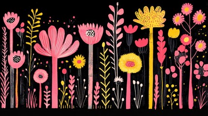 Obraz premium Retro botanical garden illustration vibrant spring blooms on dark backdrop decorative floral pattern retro style design artistic vintage art