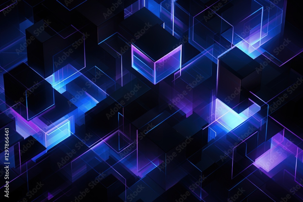 Poster abstract background black cubic square shaped blocks illuminated with pink and blue neon lights. vir