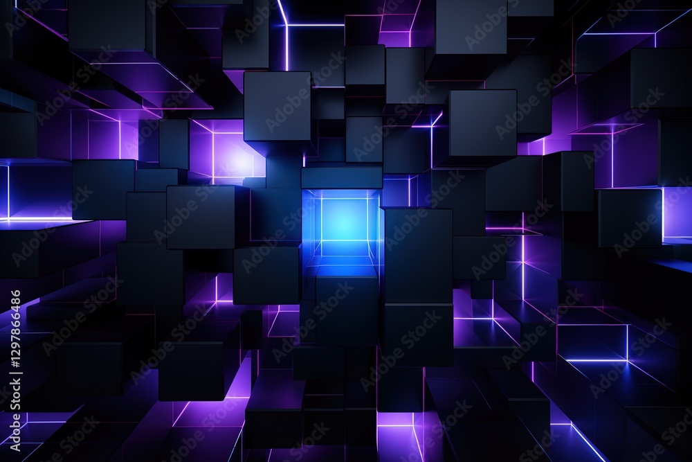 Poster abstract background black cubic square shaped blocks illuminated with pink and blue neon lights. vir