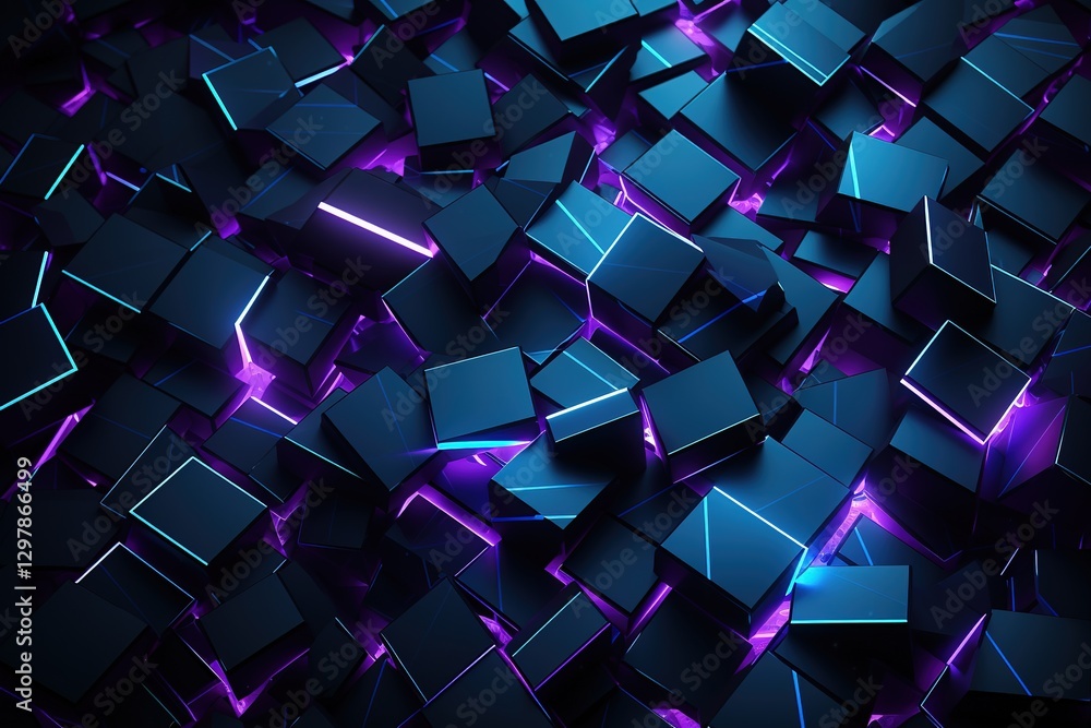 Poster abstract background black cubic square shaped blocks illuminated with pink and blue neon lights. vir