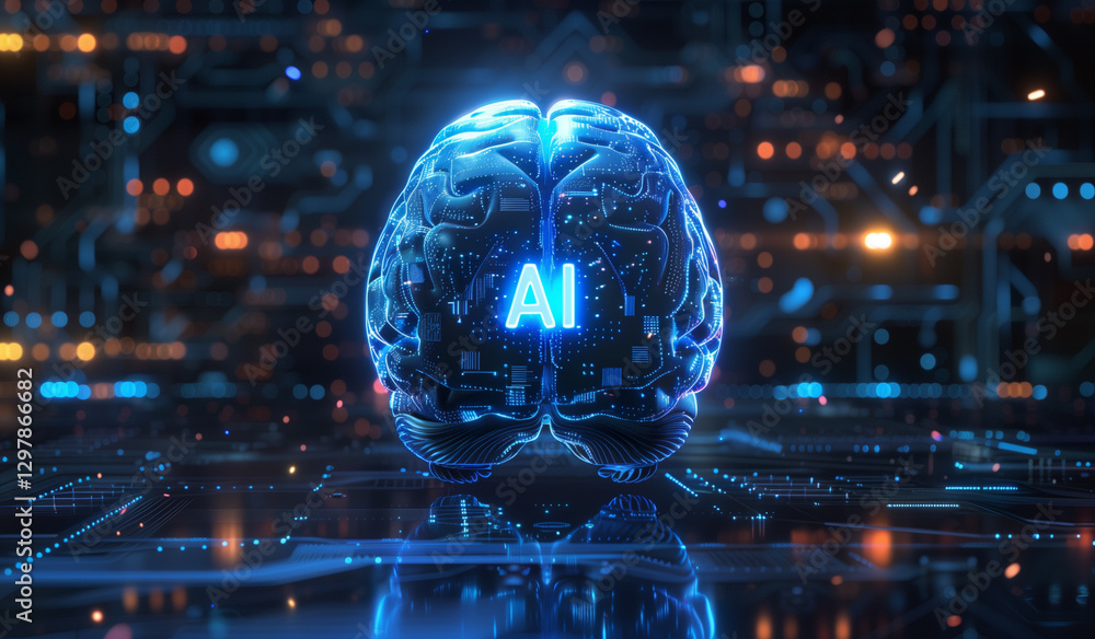 Poster brain with glowing ai letters on the background of digital technology