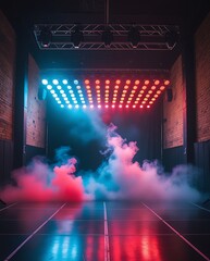 Futuristic stage with vibrant red and blue neon lights, dramatic fog, and reflective floor, atmospheric concert or nightclub setting, high-energy party scene, modern event lighting design

