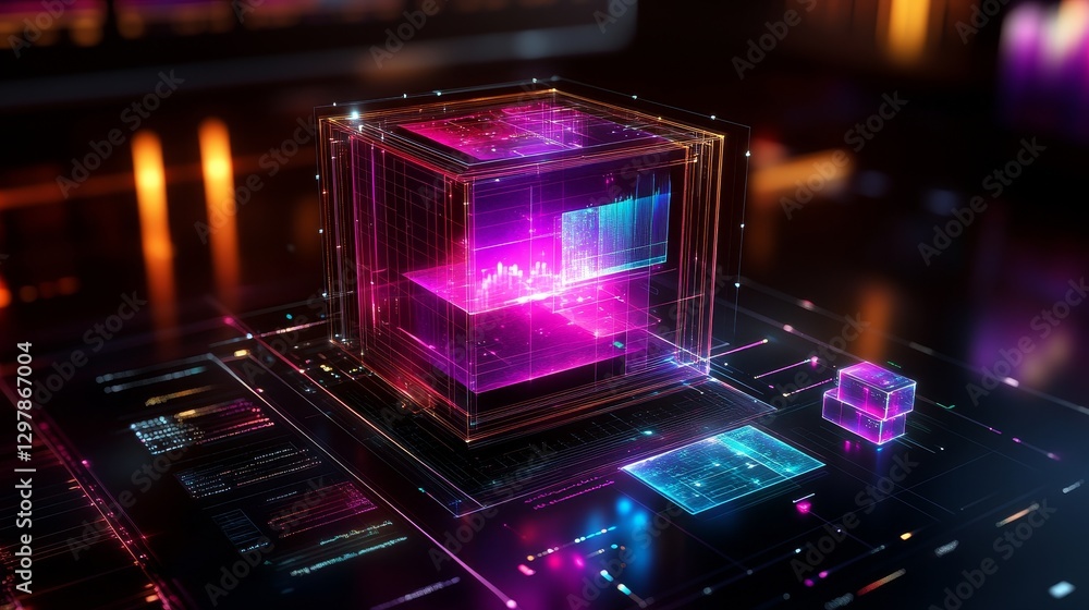 Poster quantum computing core futuristic technology neon circuitry processing power advancement innovation 