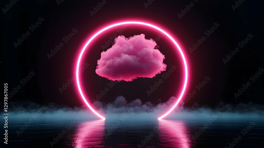 Poster pink cloud inside a glowing neon circle with fog and reflection in a dark abstract environment