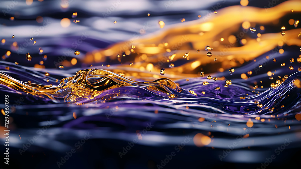 Poster abstract digital rendering of golden and purple wavy liquid surface with sparkling reflections