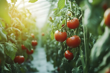 Lush Tomato Plants Thriving Inside Greenhouse Cultivation Environment