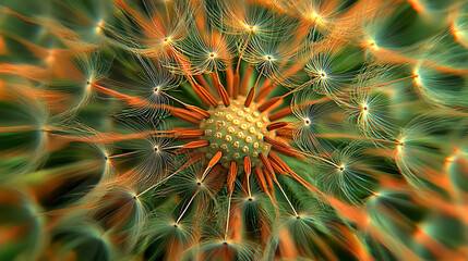 Obraz premium Detailed Macro Shot of a Dandelion Seed Head Showing Radial Structure and Delicate Texture with Green and Orange Hues